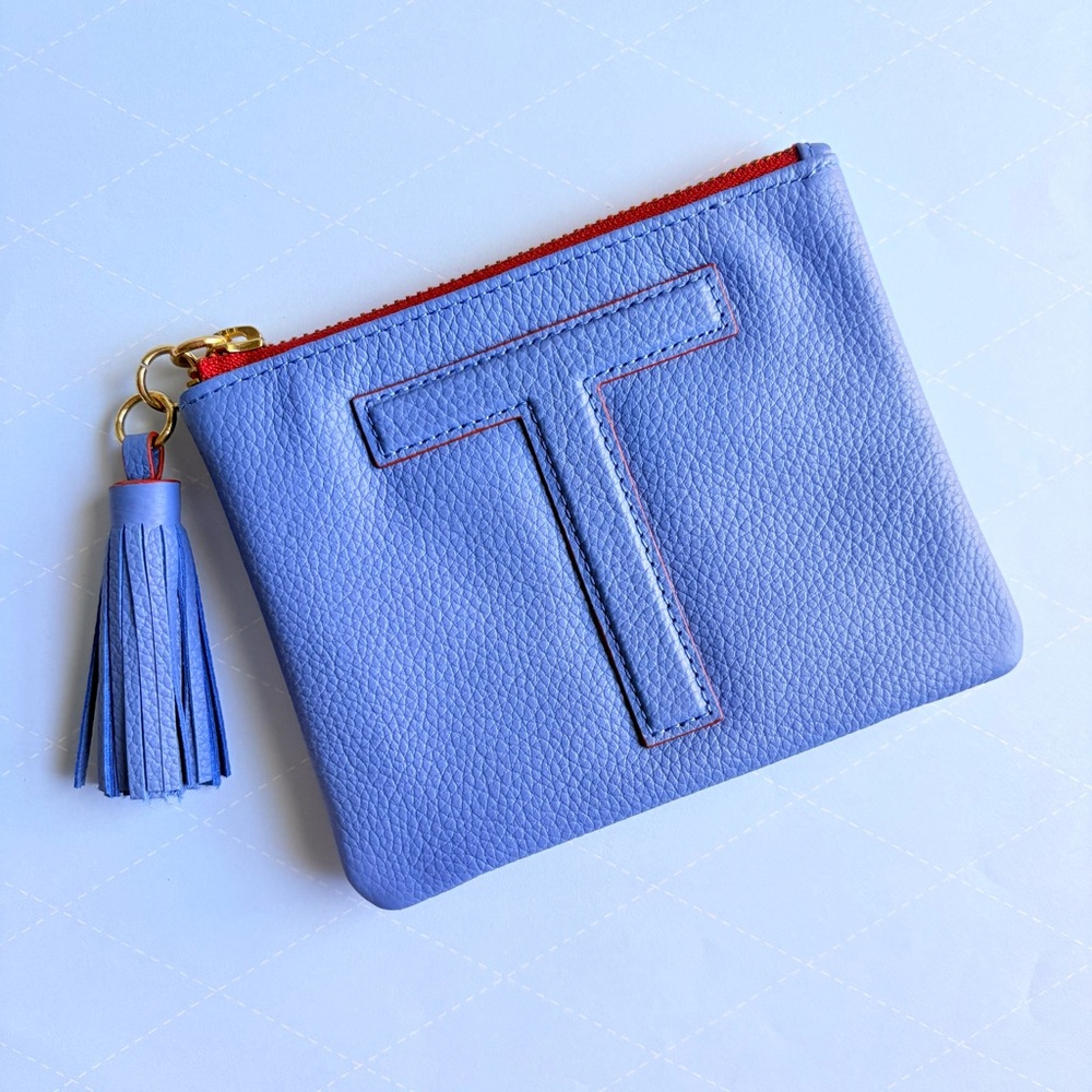 Mark & Graham Leather Tassel Zipper Pouch Coin Wallet Blue Letter T Initial New